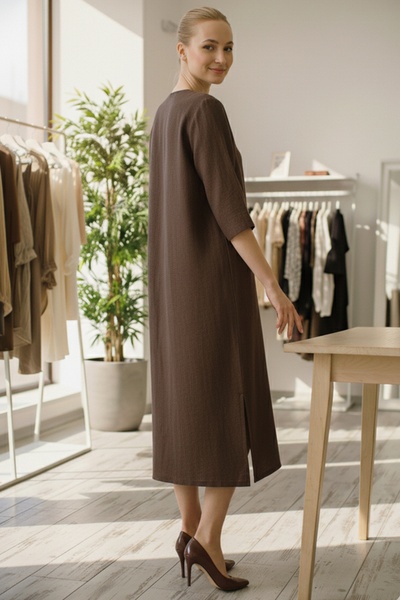 Chiccy Italian Brown Buttoned 3/4 Sleeve Y Slit Slim Fi Corded Fabric Adife Long Woven Dress 120 55