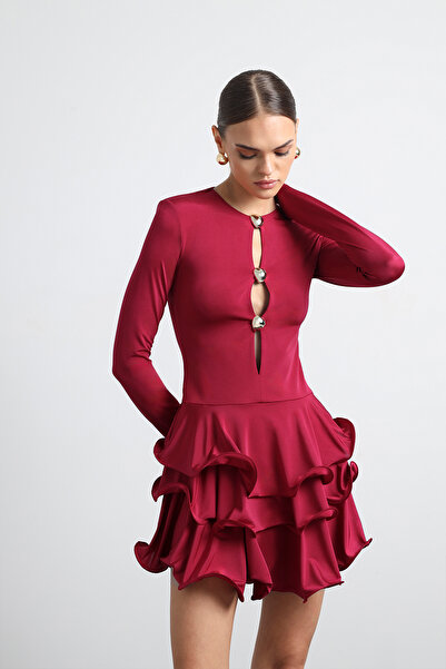 Mozto Julisse Burgundy Long Sleeve Mini Dress with Accessories