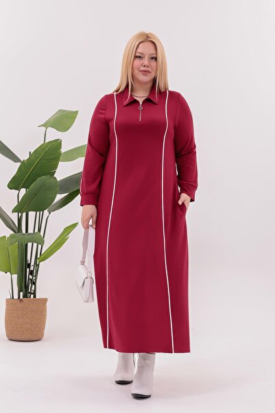 Siyezen Plus Size Striped Detail Polo Neck Dress