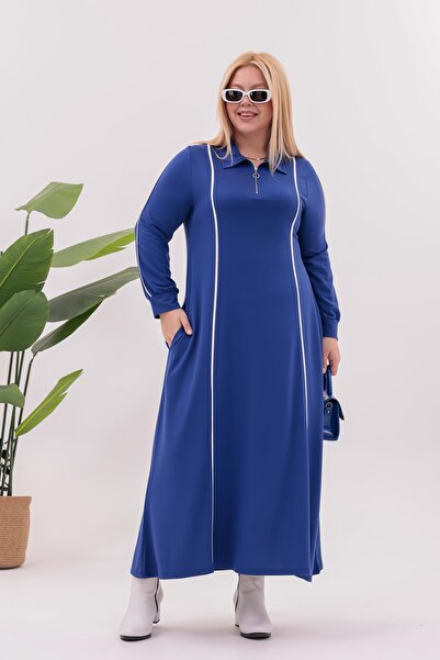 Siyezen Plus Size Striped Detail Polo Neck Dress