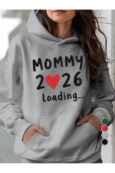 Trendy Sun Mommy 2026 Loading…” مطبوع سويت شيرت مريح بغطاء رأس سويت شيرت للأم...