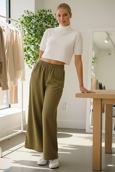 Chiccy Italian Mustard Color Pocketed Elastic Waist Wide Leg Slim Fi Corded Fabric Adife Woven Trousers 100 62