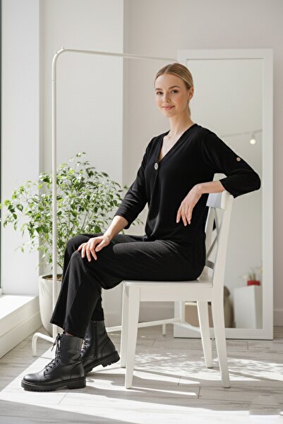 Chiccy Italian Black Long Sleeve Elastic Waist Slim Fi Corded Fabric Adife Woven Bottom Top Set 67/64 103/58