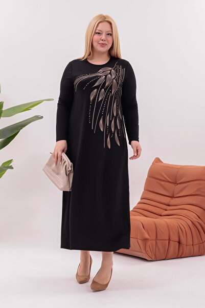 Siyezen Plus Size Leaf Printed Flared Dress