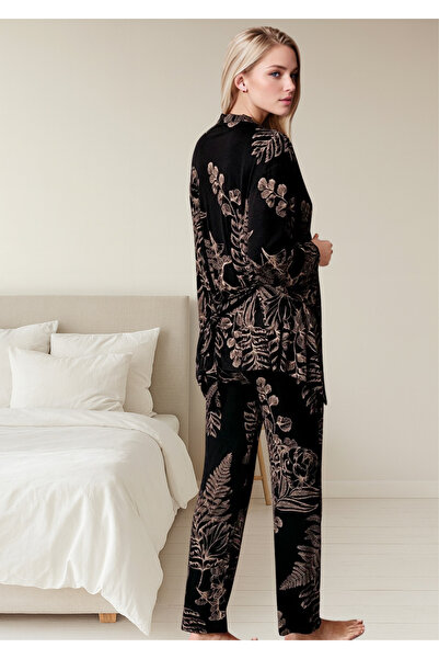 Loule Women's Black Floral Patterned Lace Modal Bralet Dressing Gown Pajama Set