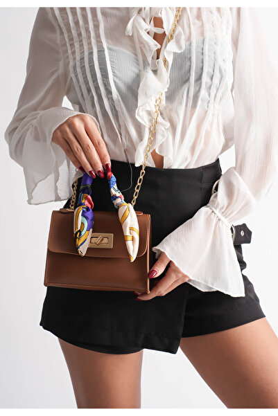 Venna Liva Zincir Gold Askılı Fular Detaylı Taba/Kahve Mini Çanta Siyah Şık M...