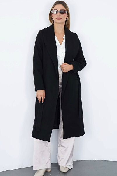 CİDDE Women's Shawl Collar Belted Premium Textured Long Coat Length 115cm