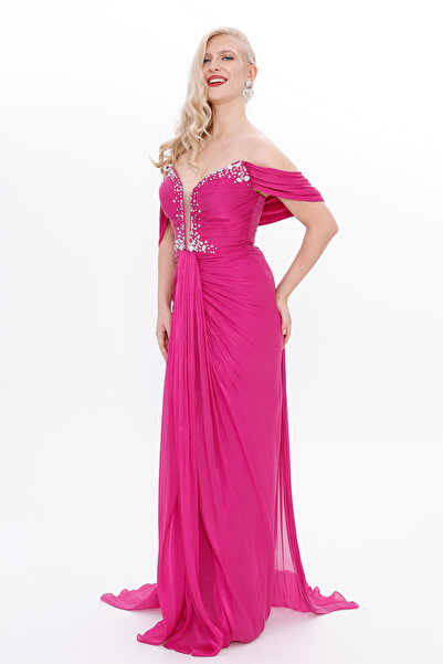 BDM Exclusive Parlak Şifon Drapeli Düşük Omuz Uzun Premium Abiye Elbise