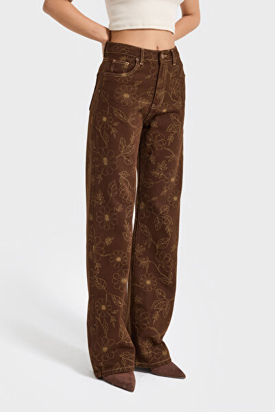 its basic Γυναικείο τζιν καφέ 7s6-16 Straight Fit με ειδική λεπτομέρεια κεντήματος