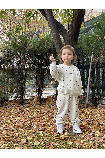 Neli Butik Basic Ayıcık Figürlü Sweatshirt Takım Ekru-Kahverengi Unisex