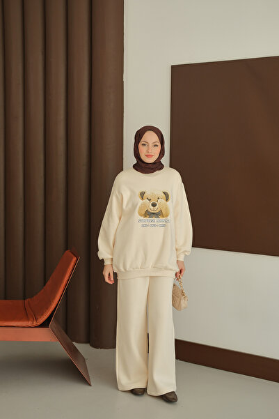 LOCCO Women's Teddy Bear Printed Set Cream