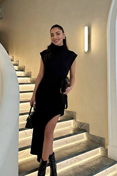 oshebu أسود - فستان طويل للنساء حشوة كتف قطعة شق