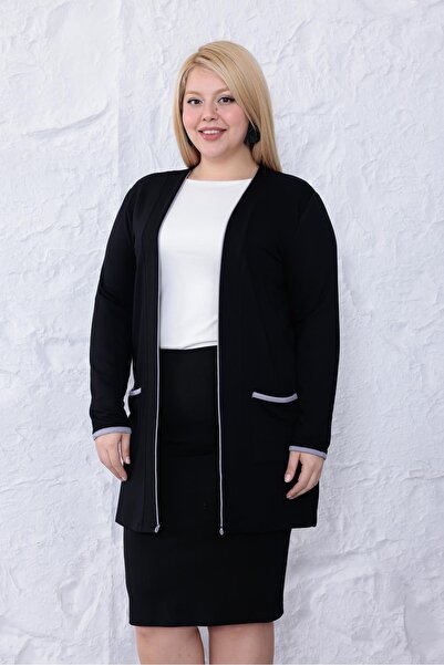 Siyezen Large Size Striped Detail Basic Cardigan