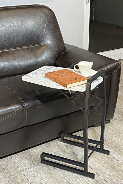 ALCHAİR Tagzo Serisi Mdf Beyaz Mermer Desen Katlanabilir Tekerlekli Yan Sehpa...