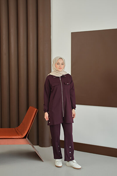 LOCCO Women's Suit with Snap Detail on the Sides and Zipper, Plum Color