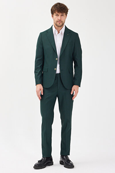 Frappoli Savin Men's Green Polyviscon Fabric Mono Collar Cover Pocket Half Lining Slim Fit 2-Piece Suit