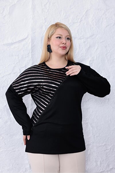 Siyezen Plus Size Silver Detailed Batwing Sleeve Blouse