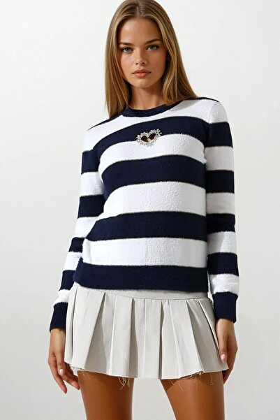 VAGGON Women's Navy Blue-White Heart Detailed Stone Embroidered Striped Knitwear Sweater Vs01646