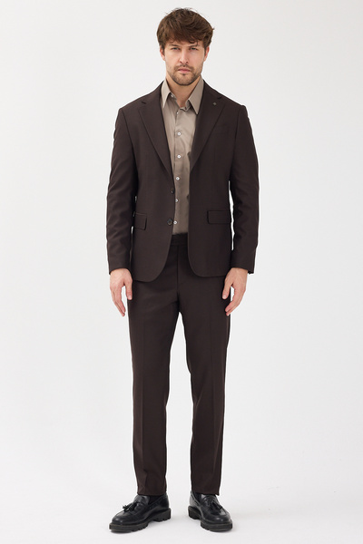 Frappoli Haldey Men's Brown Polyviscon Fabric Mono Collar Cover Pocket Half Lining Slim Fit 2-Piece Suit