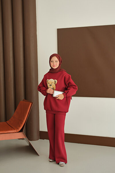 LOCCO Women's Teddy Bear Printed Set Claret Red