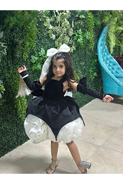 Sare Çocuk Giyim Black Velvet Skirt with White Rose Motif Special Design Girl's Evening Dress Birthday Dress +Buckle + Sleeves