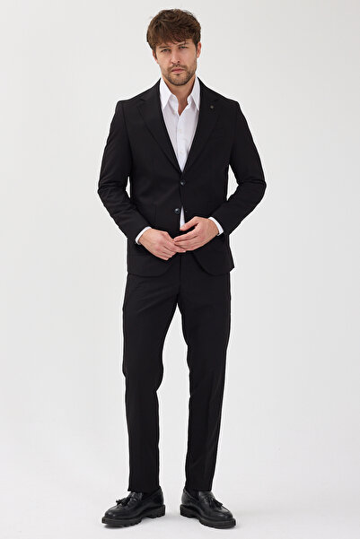 Frappoli Caserta Men's Black Polyviscon Fabric Mono Collar Bag Pocket Half Lining Slim Fit 2-Piece Suit