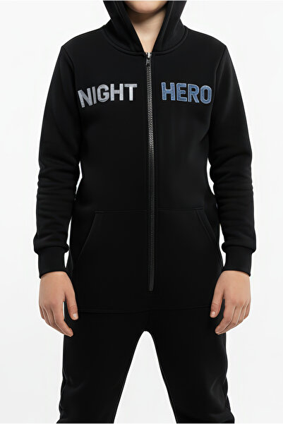 Kyron Cotton Pocket Detailed Zippered Hooded Boys' Jumpsuit Night Hero-Black