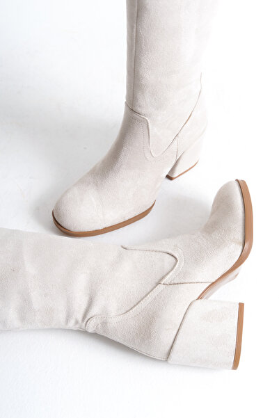 Redoxy Women's Special Design Oval Toe Thick Heeled Zippered Suede Boots