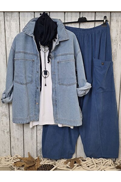 pudubutik Thin Velvet Half-Shalwar Trousers Blue