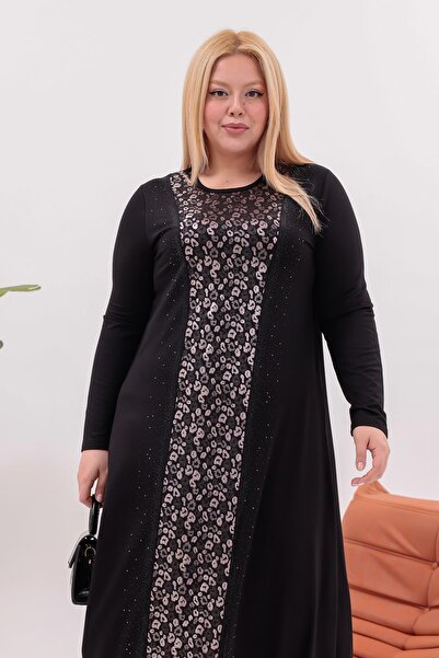 Siyezen Plus Size Leopard Silver Detailed Dress