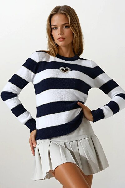 VAGGON Women's Navy Blue-White Heart Detailed Stone Embroidered Striped Knitwear Sweater Vs01646