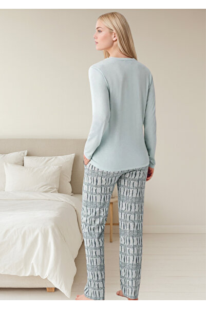 Loule Women's Mint “Forever Young” Text Printed %50 Cotton %50 Modal Pajama Set