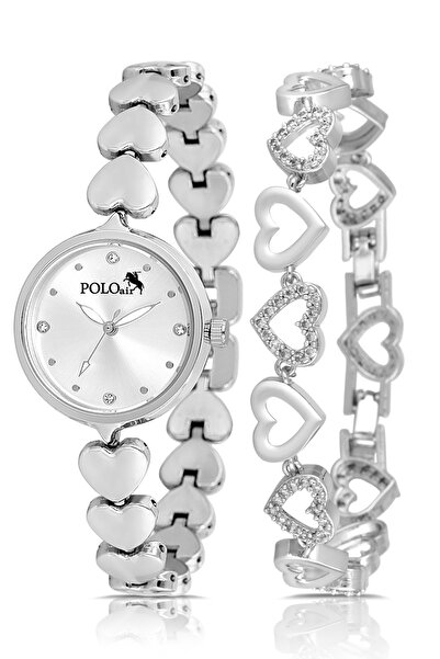 Polo Air Kalp Kordon Kadın Kol Saati Kalp Bileklik Kombin Gümüş Renk PL-1556B2