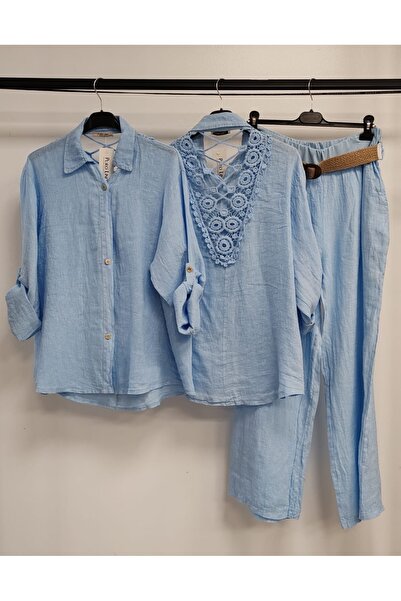 della moor Women's Blue Italian Linen Suit with Lace Back, Includes Pants and Shirt
