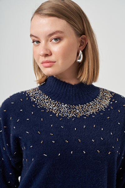 Nuss Beaded Angora Sweater 7003 Navy Blue