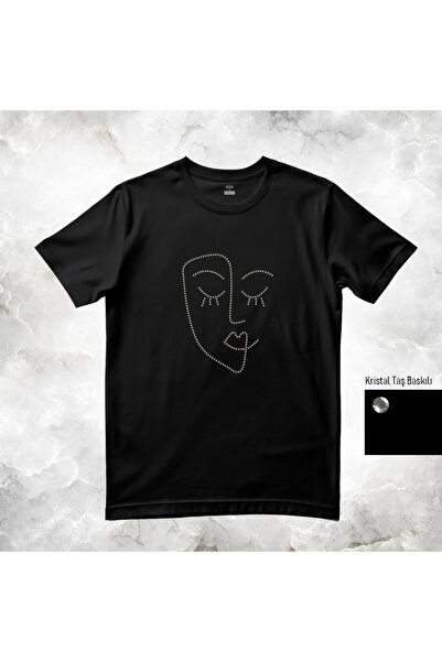 Crea Eymer Wear Artistic Crystal Stone Printed Cotton Crew Neck T-Shirt Black