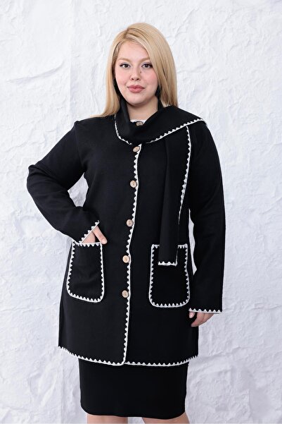 Siyezen Plus Size Scarf Detailed Cardigan with Pockets