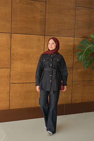 LOCCO Women's Waist-Tie Denim Suit Navy Blue