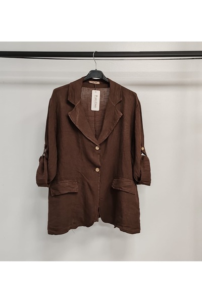 della moor Women's Brown Italian Sleeve Folded Casual Linen Jacket
