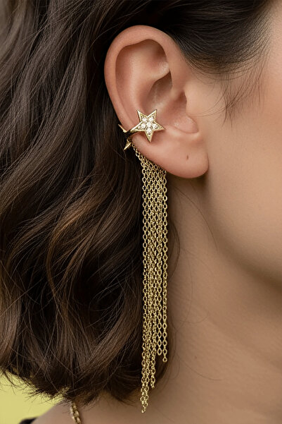 TAKIŞTIR Altın Renk Yıldız Figürlü Taş Detaylı Çelik Sallantılı Ear Cuff (Tek)