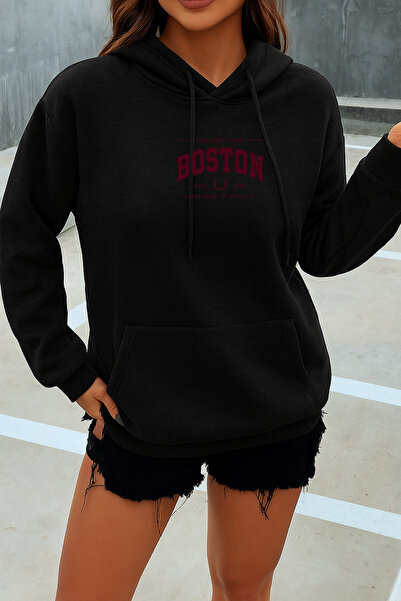 EydaMoon Γυναικείο χειμερινό βαμβακερό φούτερ Boston με τύπωμα με κουκούλα Re...