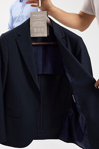 Frappoli Savin Men's Navy Blue Polyviscose Fabric Mono Collar Cover Pocket Half Lining Slim Fit 2-Piece Suit