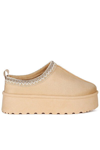 london Rag Women Beige Embroidered Platform Fur Classic Slip-On