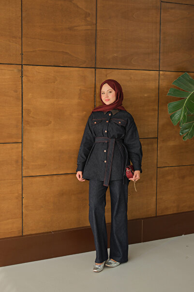 LOCCO Women's Waist-Tie Denim Suit Navy Blue