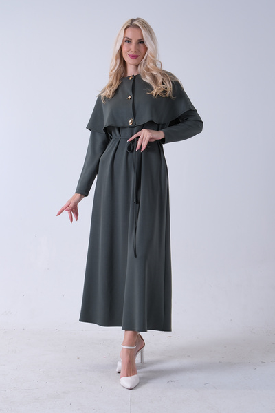 Feminist Üzeri Kendinden Şallı Kemer Bağlamalı Tesettür Elbise Yeşil 4571581