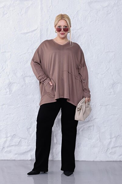 Siyezen Plus Size Oversized Modal Blouse with Pocket Detail