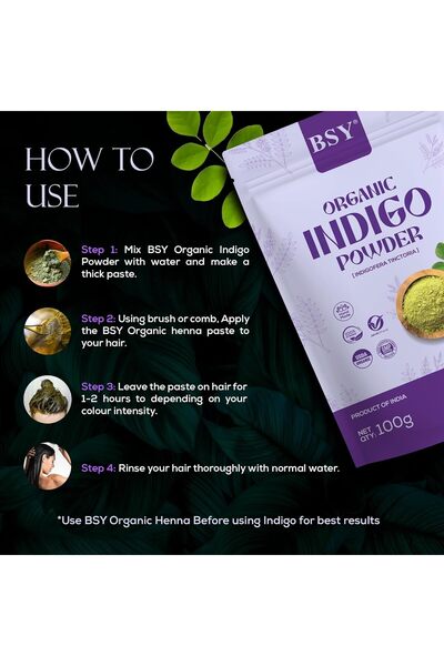 BSY Organic Indigo Powder For Hair – 100% Natural Herbal Hair Colour For Men & Women, 100 gm