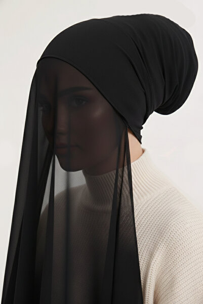 Sonbaharmoda Ready-To-Wear Chiffon Shawl with Tubular Bones Black – Stylish, Comfortable, and Convenient One-Piece Design