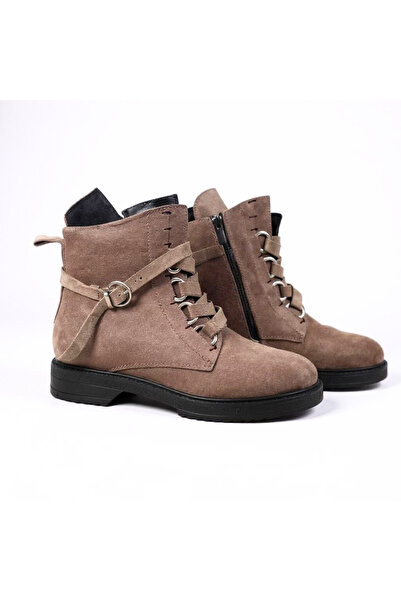 NE&VE SHOES Γυναικείες μπότες με φερμουάρ από γνήσιο δέρμα σε μπεζ σουέντ με κορδόνια