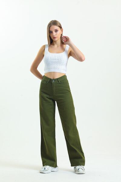 KAMİLKUNDURA Haki Yüksek Bel Boyfriend Wide Leg Salaş Bol Paça Pantolon